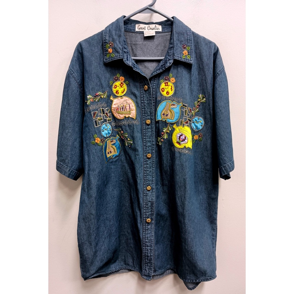 VTG 90s Great Cavalier Denim Button Up Shirt Womens Large Blue Embroidered Artsy